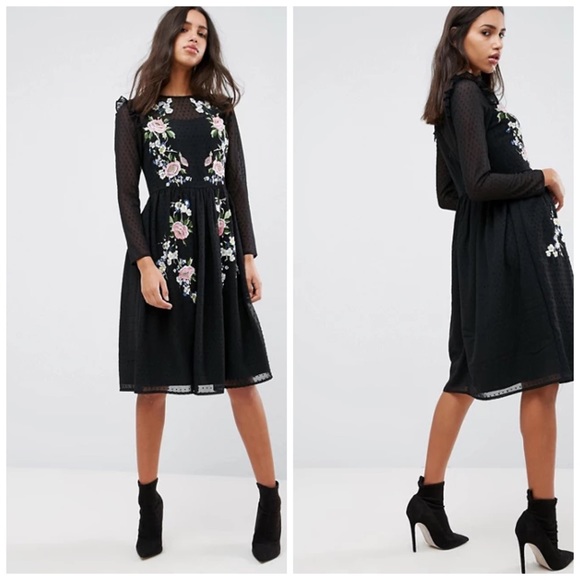 ASOS Embroidered Black Midi Dress Size 16